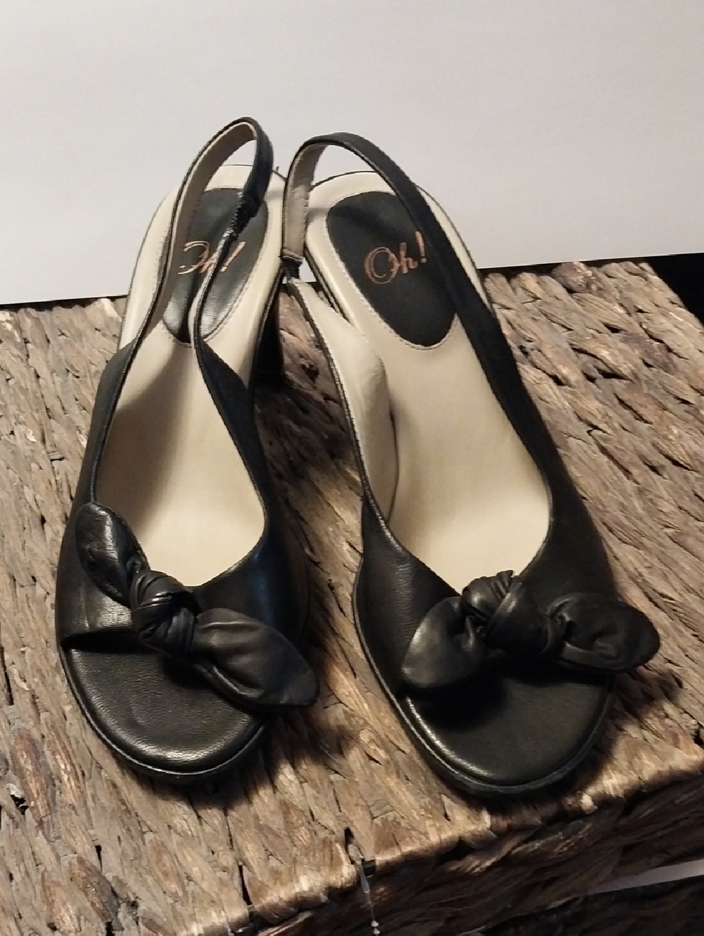 Oh ! Black Leather Knot Slingback Peep-Toe Mules